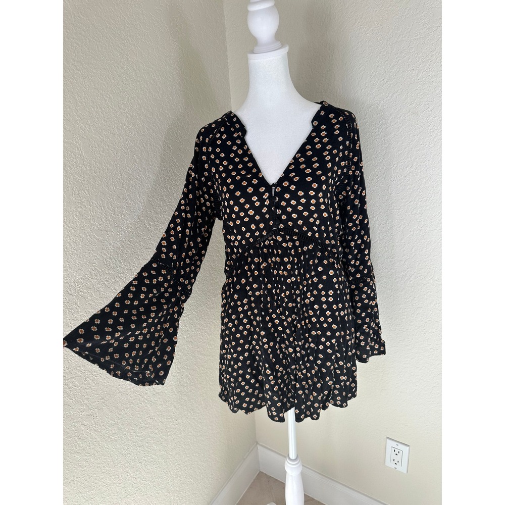 Amuse Society Love Struck Woven Mini Dress Women M Black Boho Bell Sleeve Boho